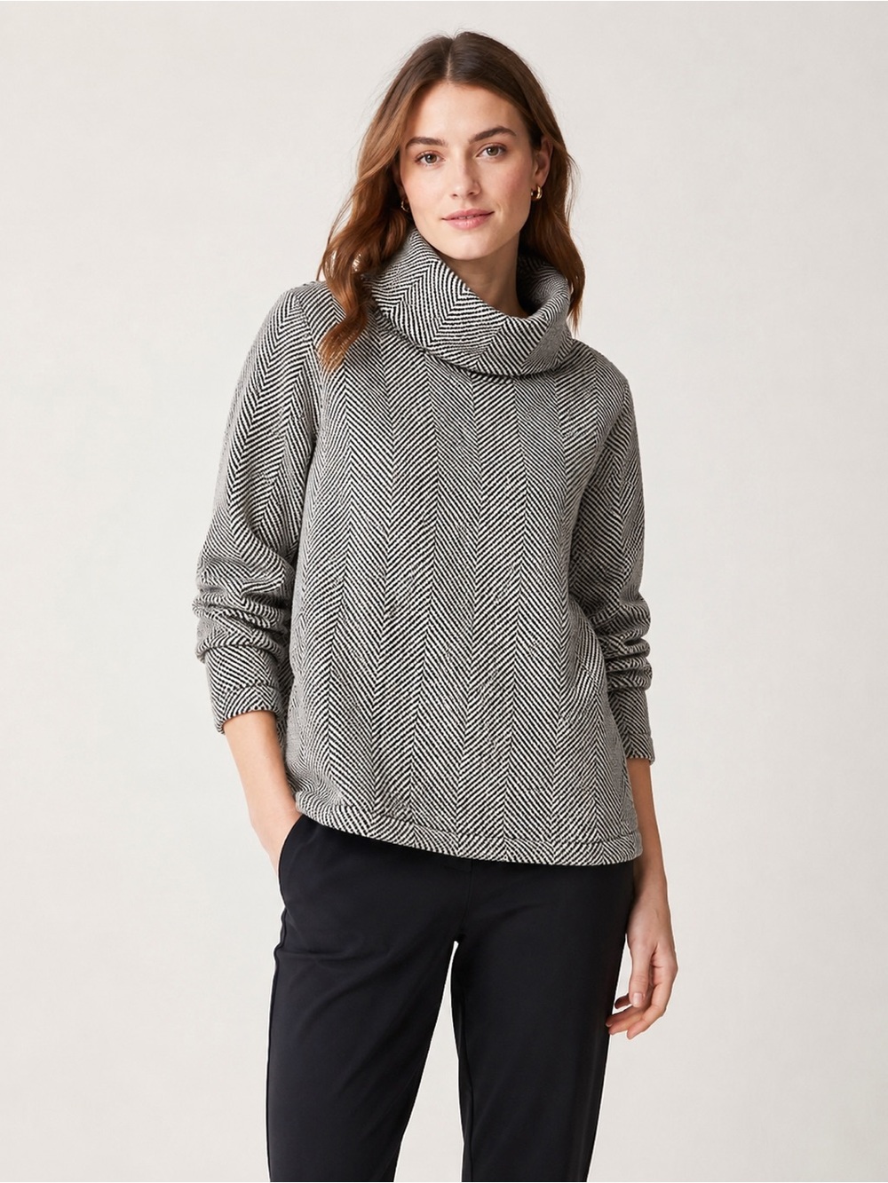 J.Crew Factory Long-Sleeve Funnelneck Pullover Herringbone Black White Size M